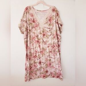 Plus Size Night Gown Girly Pink Knee Length Short Sleeve Floral Lace Neckline